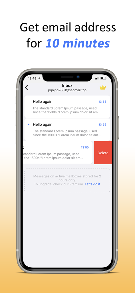 Inbox interface of the 10 Minute Temp Mail Address app showing received messages and a delete option on an iPhone.