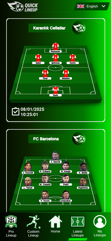 A mobile app interface displaying two saved soccer lineups on a tactical field.