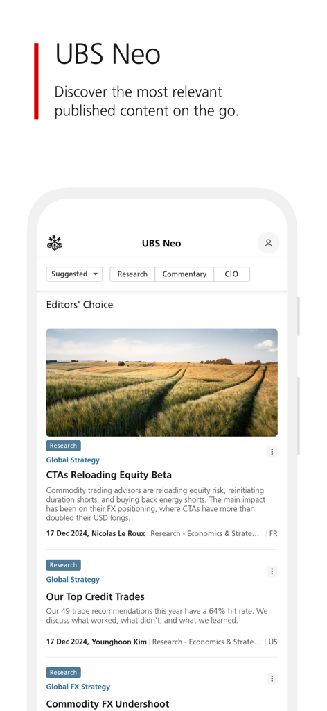 UBS Neo mobile App-Oberfläche, die professionelle Finanzresearch- und Anlagestrategieberichte anzeigt