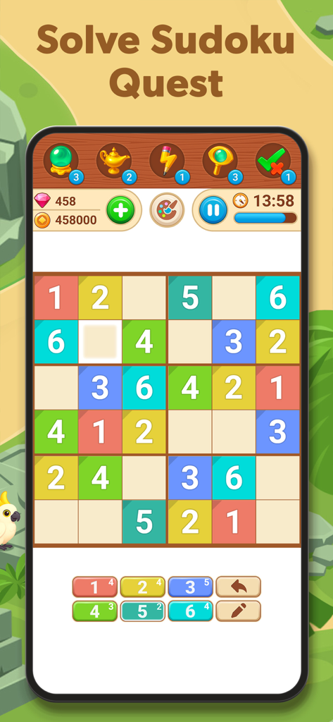 Sudoku Quest gameplay showing a colorful 6x6 grid puzzle with power ups