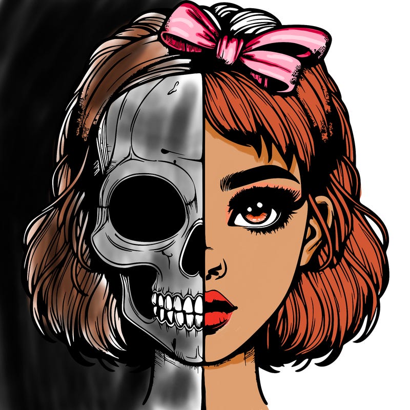 realistic girl with half skull mask