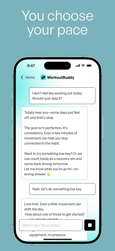 WorkoutBuddy: AI Fitness Coach - A chat interface of the WorkoutBuddy app showing an AI coach providing supportive fitness advice and flexible workout options