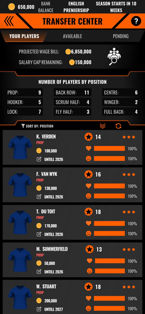 Rugby Manager 26 - Pantalla del Centro de Transferencias de Rugby Manager 26 que muestra la plantilla de jugadores, posiciones y gestión del presupuesto del equipo.