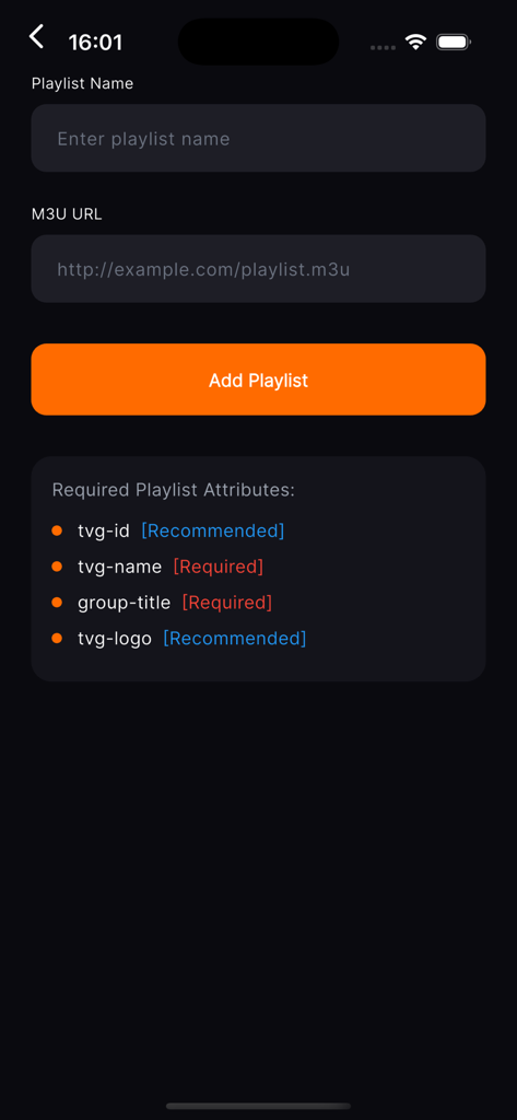 Flujo tv : Stream Player - Schermata per aggiungere un nuovo URL di playlist M3U nell'app Flujo TV che mostra i campi di immissione nome e URL