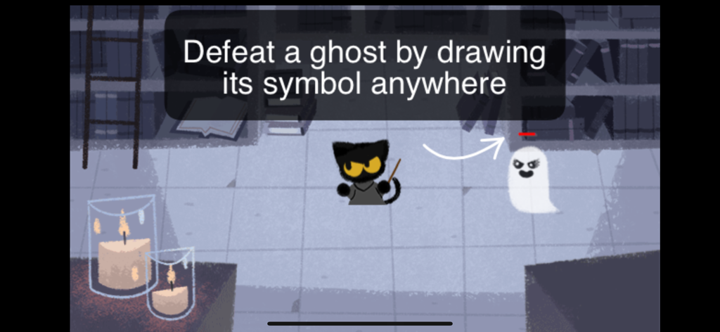 Doodle Halloween - Ghost Game - Un gato negro con una varita mágica enfrentando a un fantasma en un entorno de biblioteca con instrucciones de juego.