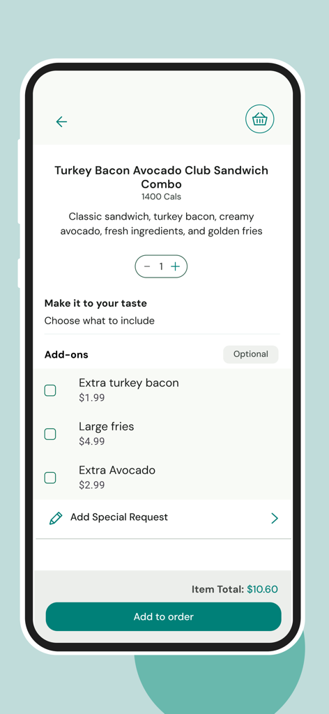 Boost: Mobile Food Ordering - Interfaz de la aplicación Boost que muestra opciones de personalización para un combo de sándwich de pavo, tocino y aguacate con complementos y precio