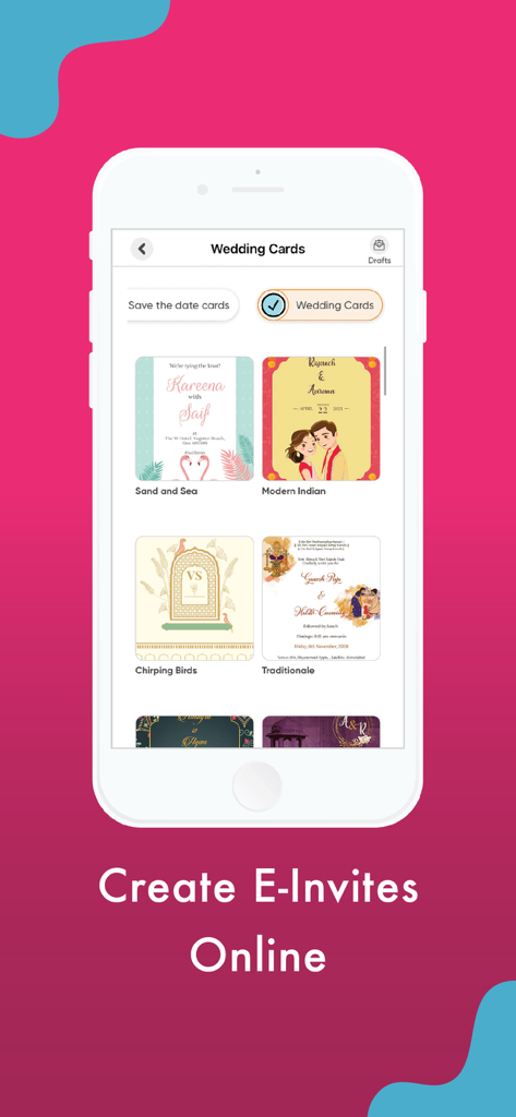 Screenshot of the WedMeGood app interface showing various digital wedding card and e-invite templates