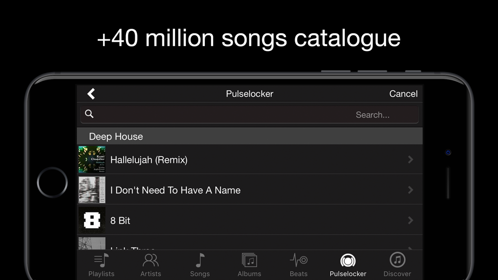 deej - DJ turntable. Mix, record, share your music - Interface of deej app showing a search screen for a catalog of over 40 million songs.