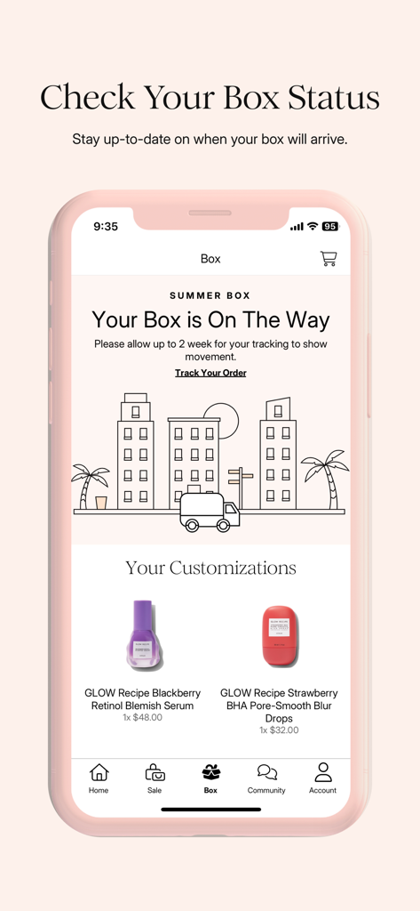 FabFitFun - Beauty, Fashion - Smartphone screen showing the FabFitFun app box status tracking for a summer box with product customizations.