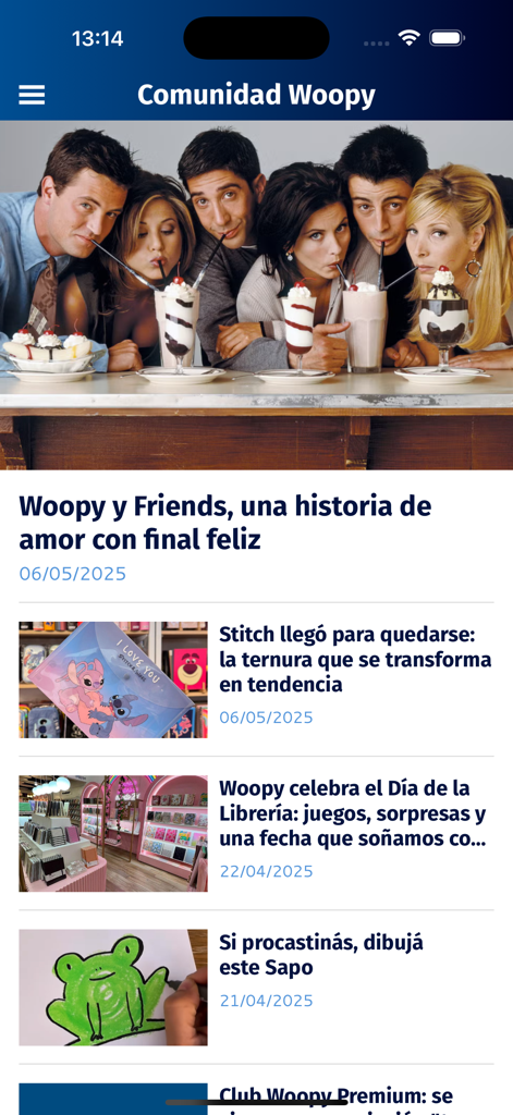 LibreriaWoopy - Interface of the Comunidad Woopy app showing a feed of Spanish language articles about pop culture, stationery, and creative expression.