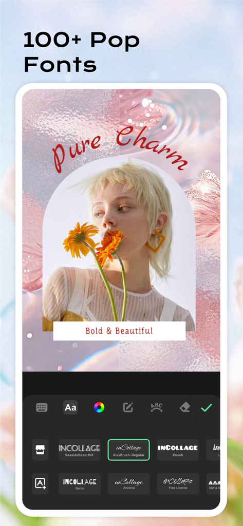 Photo Collage Maker: InCollage - Interface de l'application InCollage présentant une variété de polices tendance et d'outils d'édition de texte pour des photos esthétiques