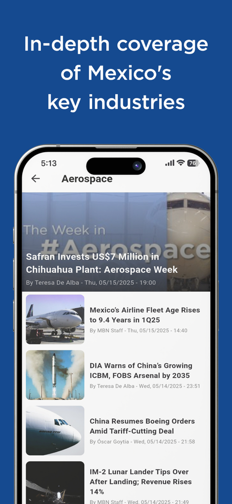 Mexico Business News - 멕시코 비즈니스 뉴스 앱의 모바일 인터페이스로 항공 우주 산업 카테고리 아래 기사 목록 표시