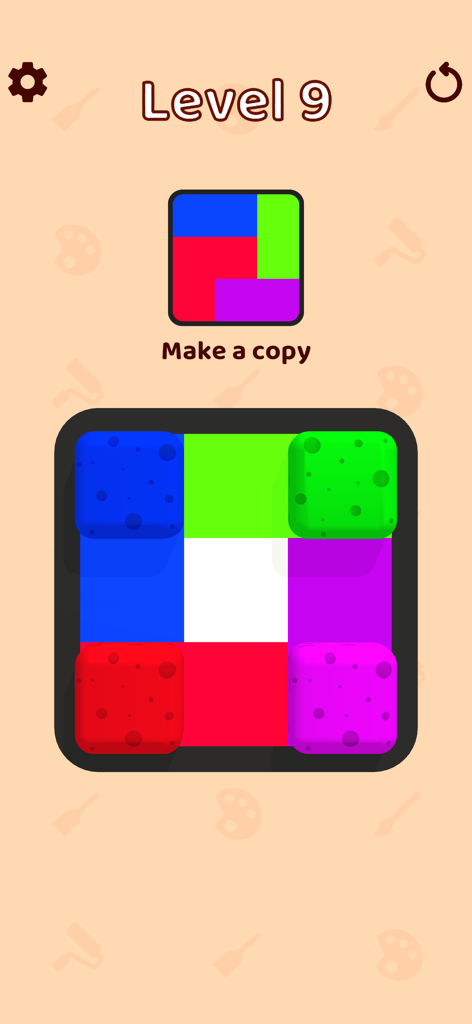 Paint Sponges - Una captura de pantalla del juego Esponjas de Pintura que muestra un puzzle de nivel 9 donde los jugadores deben igualar un patrón de cuadrícula colorido usando esponjas.