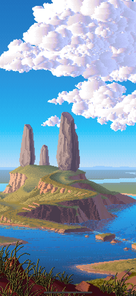 Living Worlds - Mark Ferrari - Beautiful pixel art landscape featuring stone pillars on a grassy island overlooking the sea under a sky with large white clouds