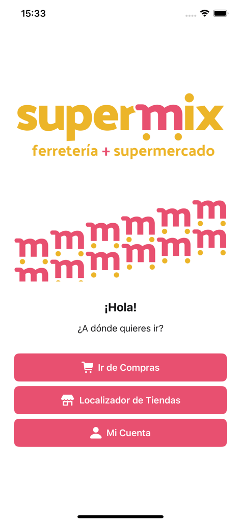 Supermix - Supermix app welcome screen with buttons for shopping store locator and user account