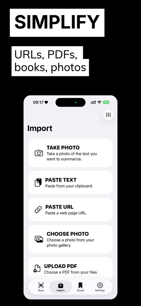 Simply app interface showing import methods for text summarization including photo URL and PDF
