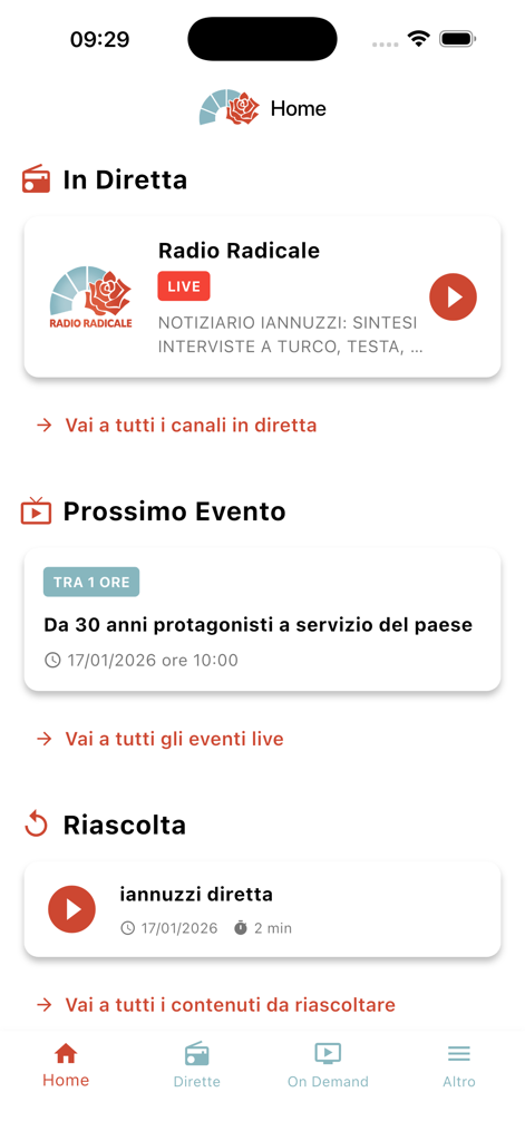 Radio Radicale - Interface inicial do aplicativo Rádio Radicale com seções de áudio ao vivo e notícias institucionais