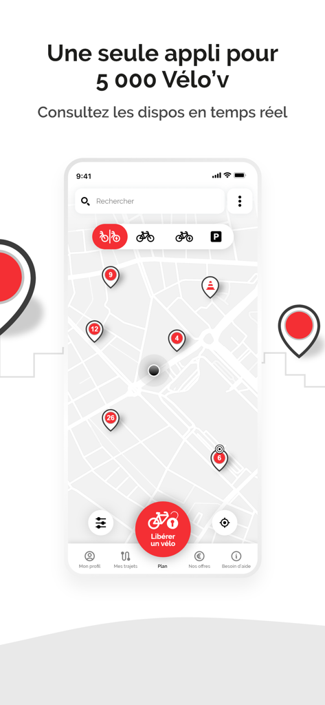 Vélo’v officiel - リヨンのシェアサイクルステーションの場所とリアルタイムの空き状況を示す都市地図を表示するモバイルアプリ画面。
