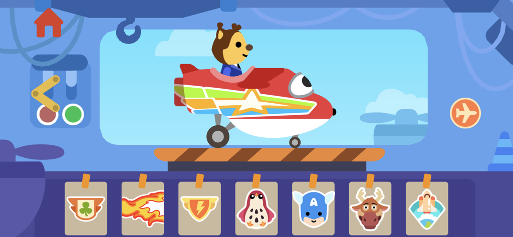 Airplane Games for Kids & Baby - A bear character piloting a customizable toy airplane in a colorful digital hangar for kids.