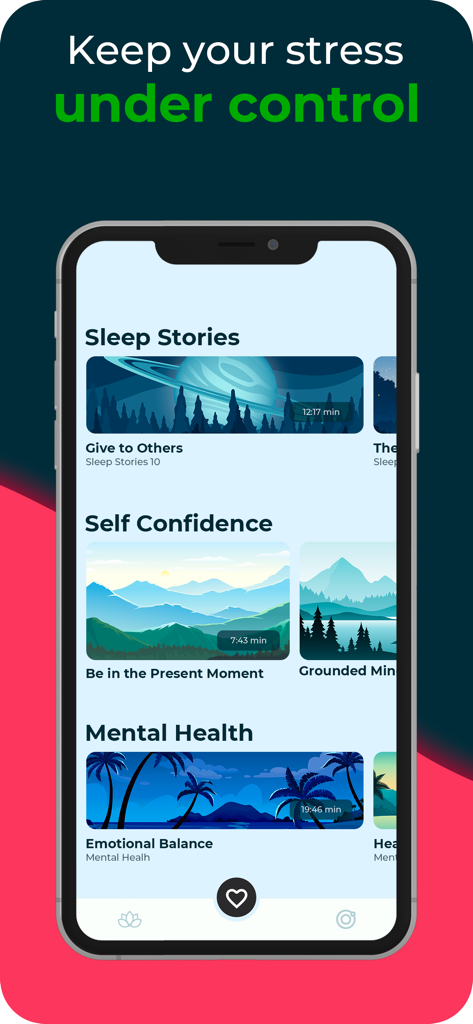 Pulsedo: Heart Rate Monitor - Interface do aplicativo Pulsedo mostrando categorias de meditação de histórias para dormir, autoconfiança e saúde mental.
