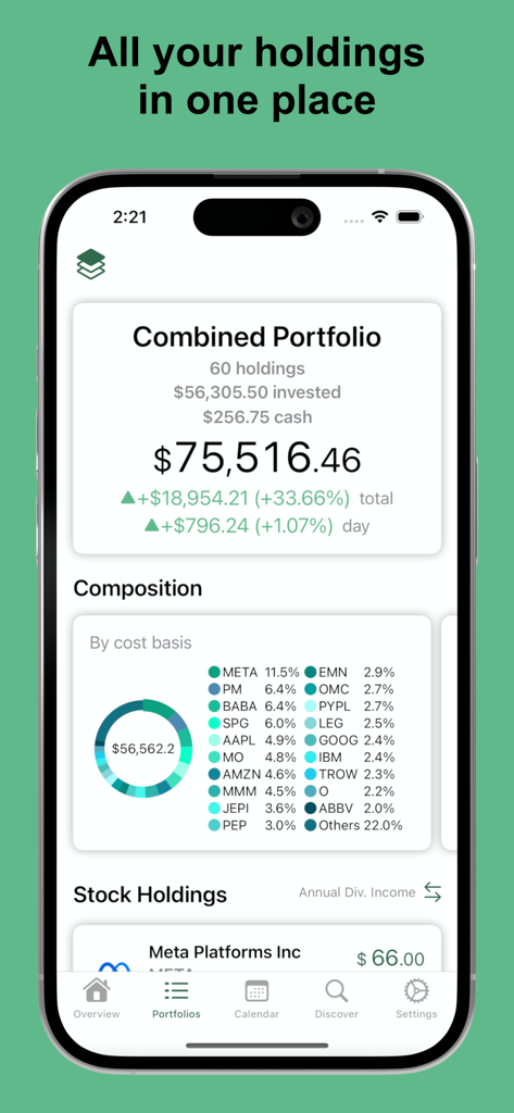 DivTracker app interface displaying a combined investment portfolio summary and stock composition chart