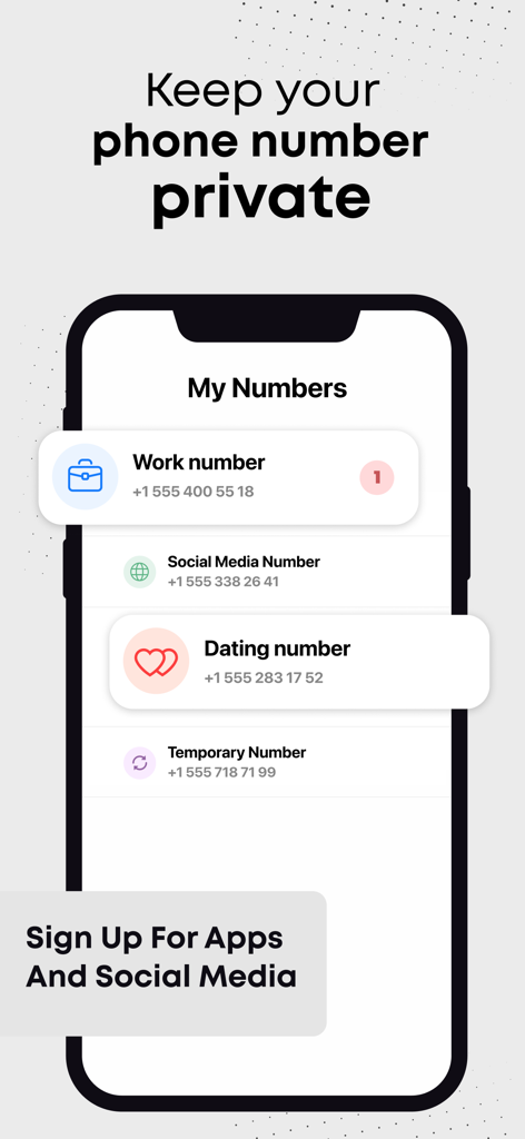 Second Phone Number DoCall 2nd - Interface do aplicativo DoCall mostrando uma lista de números de telefone privados para trabalho, namoro e mídia social