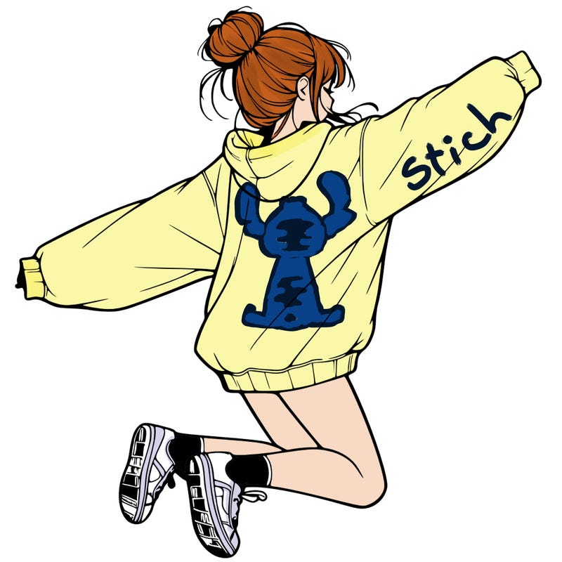 realistic girl jumping with a bun and oversized sweatshirt