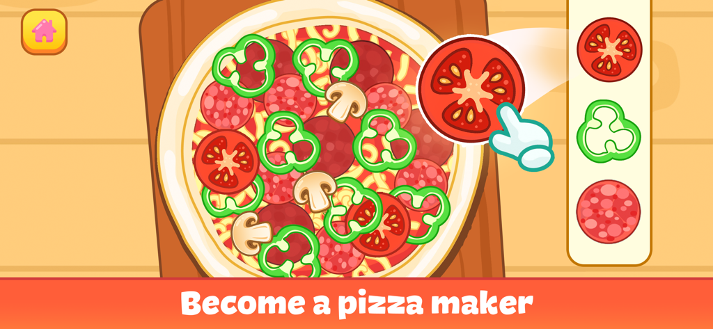 Kids Cooking Games: Yummy Food - A cartoon pizza being decorated with tomato slices in a kids cooking game