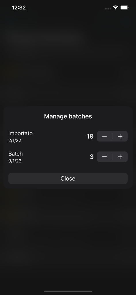Drug Inventory - Ein Bildschirm in der Medikamentenbestand-App zur Verwaltung von Medikamentenchargen und Anpassung von Mengen.
