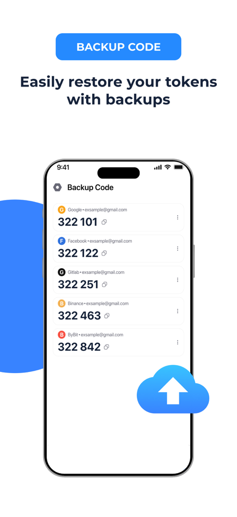 iPhone montrant la fonction de code de sauvegarde pour plusieurs comptes comme Google et Binance avec une icône de téléchargement cloud