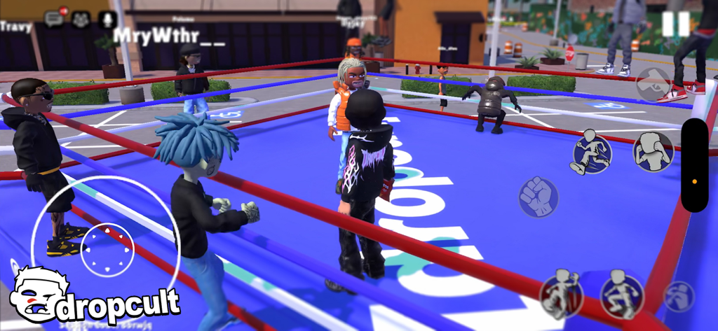 dropcult - A group of stylized characters in streetwear fighting in a blue ring in the game dropcult