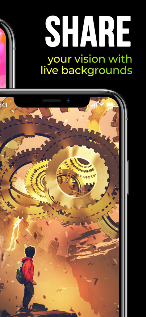 Live Wallpapers for Me - iPhone screen displaying a live wallpaper with large golden gears and a person looking at them