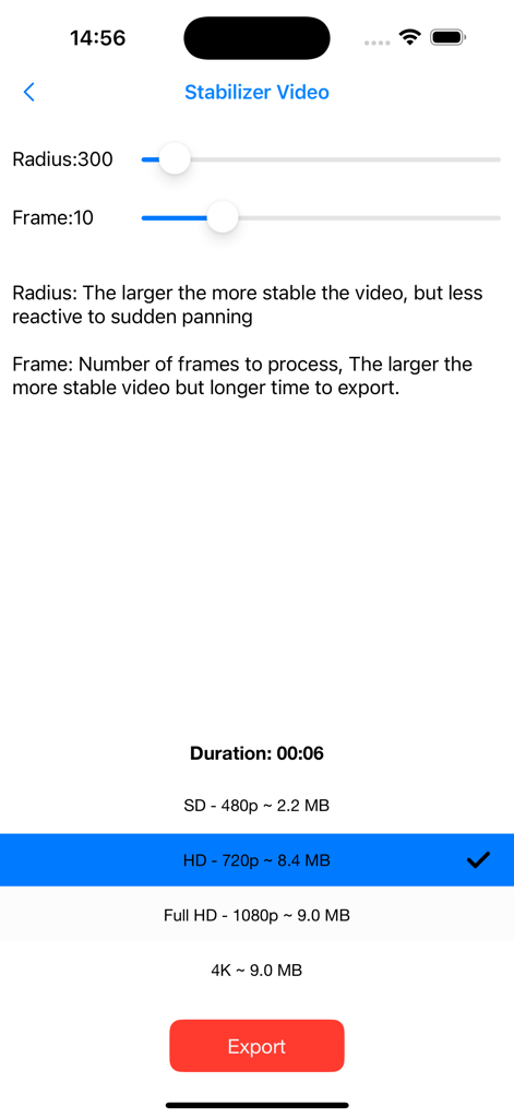 Interface para ajustar parâmetros de estabilização de vídeo e selecionar resolução de exportação