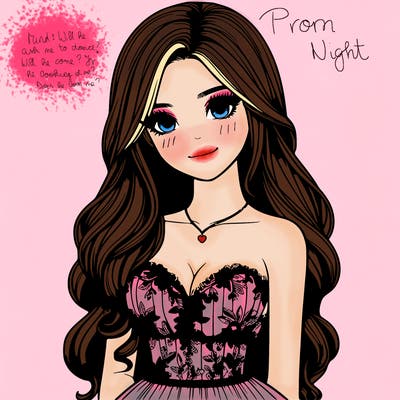 realistic girl with long hair and pretty prom dress