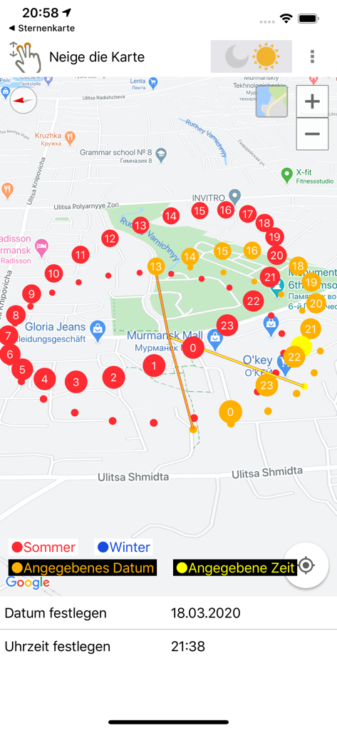 Solar path and hourly sun positions displayed on a map within the app