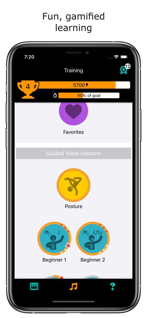 Tela do aplicativo móvel mostrando progresso de treinamento vocal e níveis de aula