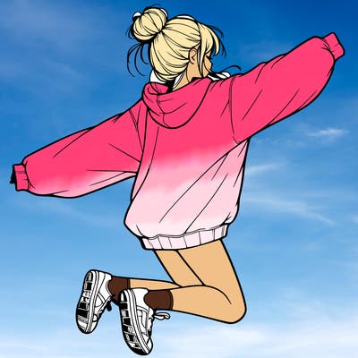 realistic girl jumping with a bun and oversized sweatshirt