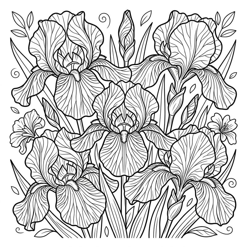 Immerse yourself in the beauty of nature with this exquisite variegated irises coloring page, thoughtfully designed for seniors. Its large print and clear outlines offer a relaxing and accessible creative escape.