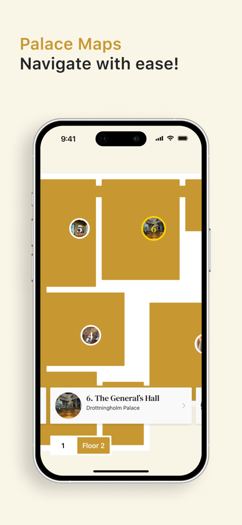 Captura de pantalla de un teléfono inteligente que muestra un plano de interior interactivo del Palacio de Drottningholm con marcadores numerados y etiquetas de habitaciones