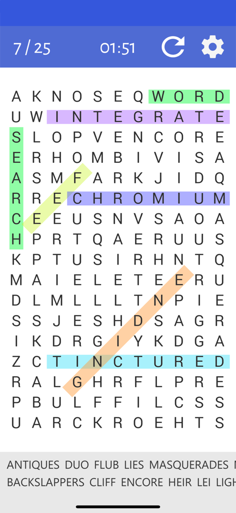 A clean and simple mobile word search puzzle grid with various highlighted words.
