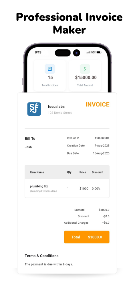 AI Invoice Maker - ServiFocus - Mobile app screen showing a professional invoice template for a plumbing service with pricing and totals
