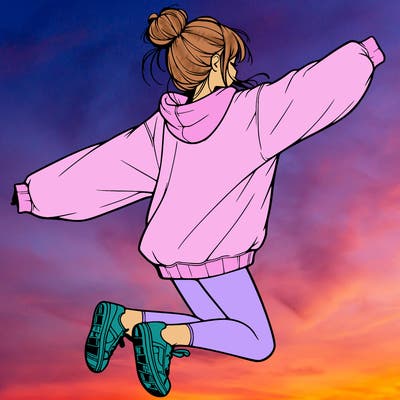 realistic girl jumping with a bun and oversized sweatshirt
