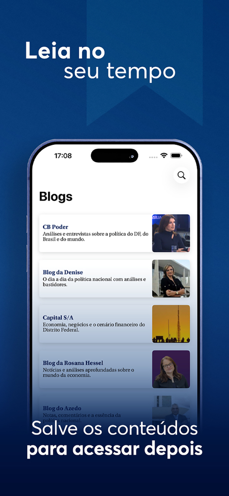 Correio Braziliense - Um smartphone exibindo a seção de blogs do aplicativo de notícias Correio Braziliense com uma lista de colunas editoriais especializadas