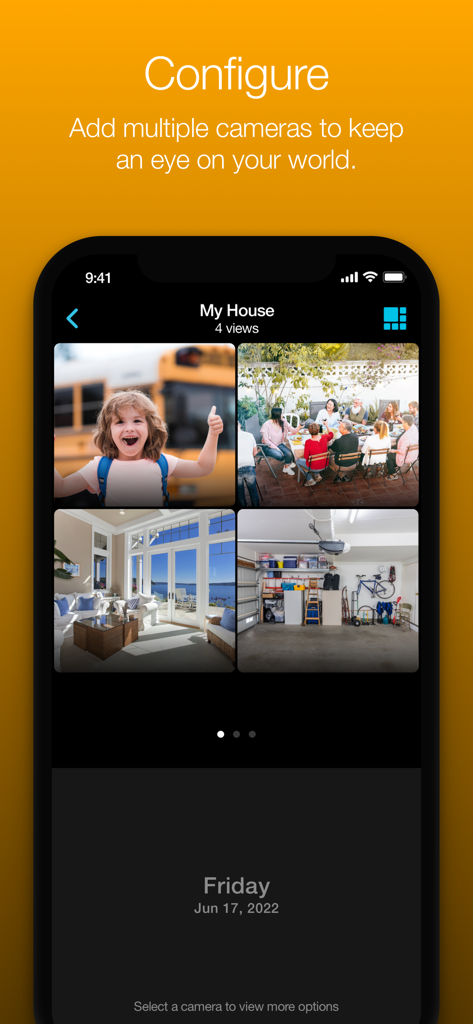 Night Owl Protect - Interfaz de la aplicación Night Owl Protect que muestra cuatro vistas simultáneas de cámaras de seguridad del hogar en un teléfono móvil