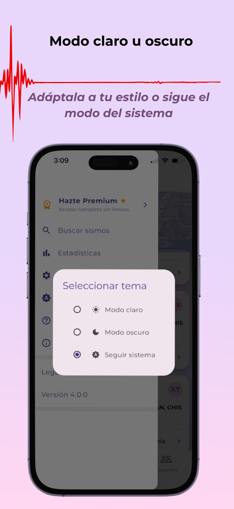 Theme settings menu in the Sismos México app with light and dark mode options.