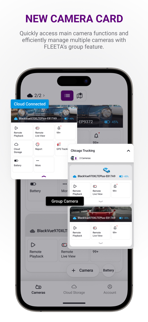 FLEETA App-Oberfläche, die die Kamera-Karte und die Gruppierungsfunktion zur Verwaltung mehrerer Fahrzeug-Dashcams anzeigt