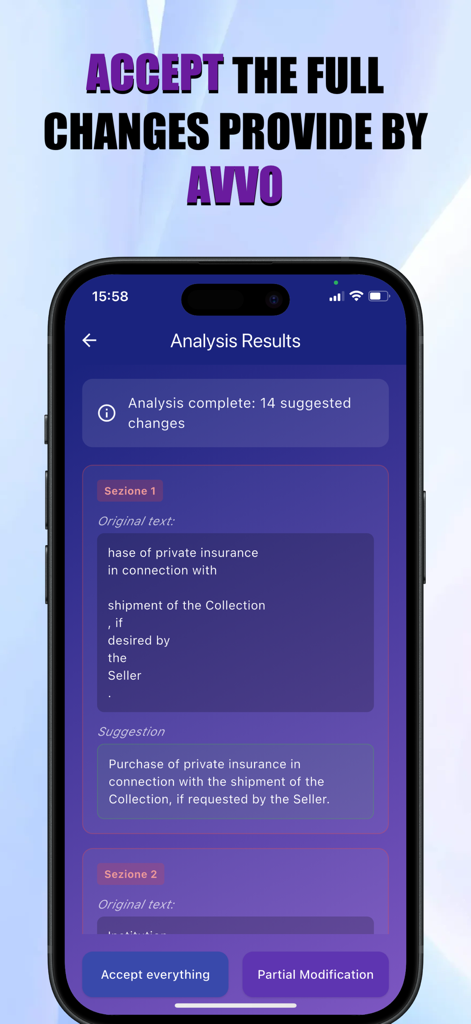 AvvoGPT - AI for Lawyers - A mobile screen showing AI-suggested changes to a legal contract with options to accept all or partially modify text.