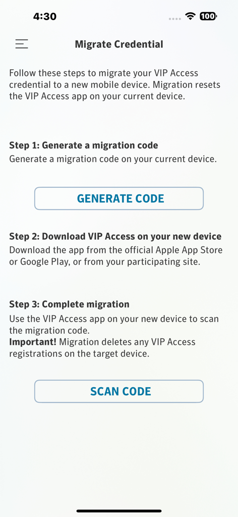 VIP Access for iPhone - Anmeldeinformations-Migrationsbildschirm in der VIP Access App, der die Schritte zur Übertragung von Sicherheitscodes auf ein neues Gerät zeigt