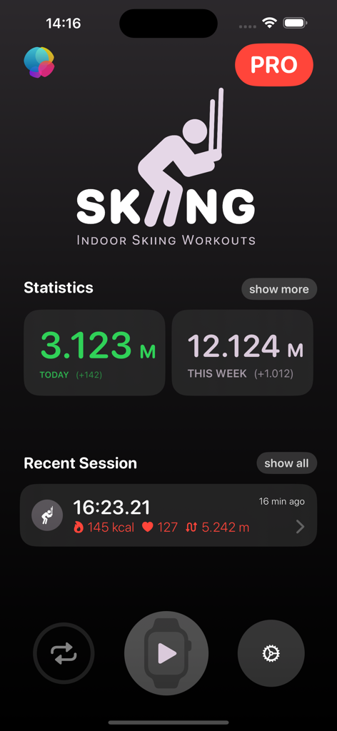 Pantalla de inicio de la aplicación Ski-Ergometer Workout mostrando estadísticas de distancia de esquí indoor diarias y semanales y el historial de sesiones recientes.