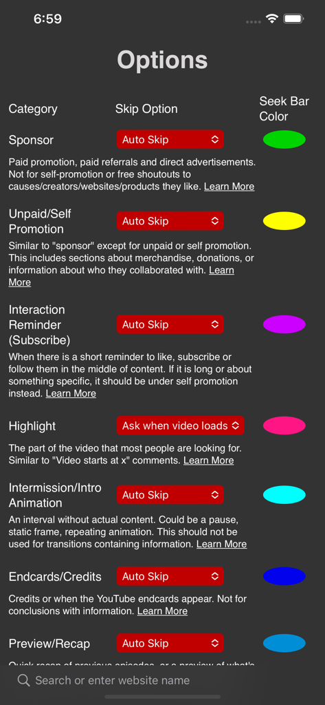 Options menu in SponsorBlock for Safari showing auto skip settings for sponsors and video segments